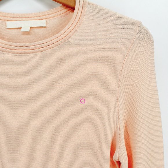 Jonathan Simkhai Stretch Knit Bell Sleeve Peplum Top Blush Cut Out  Jewel Neck - Picture 10 of 13